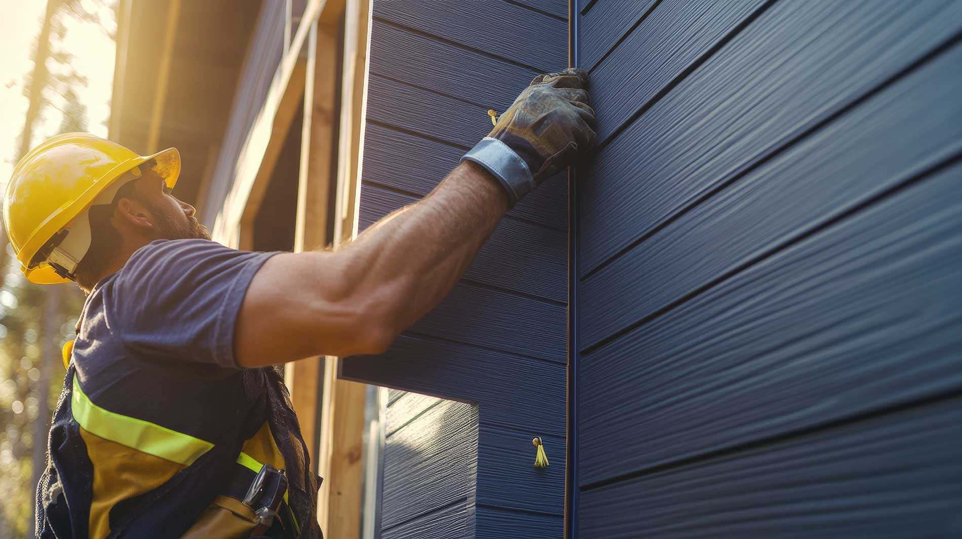Construction worker installing exterior siding on a building