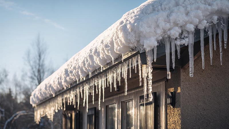 snow and ice accumulate on the rooftop